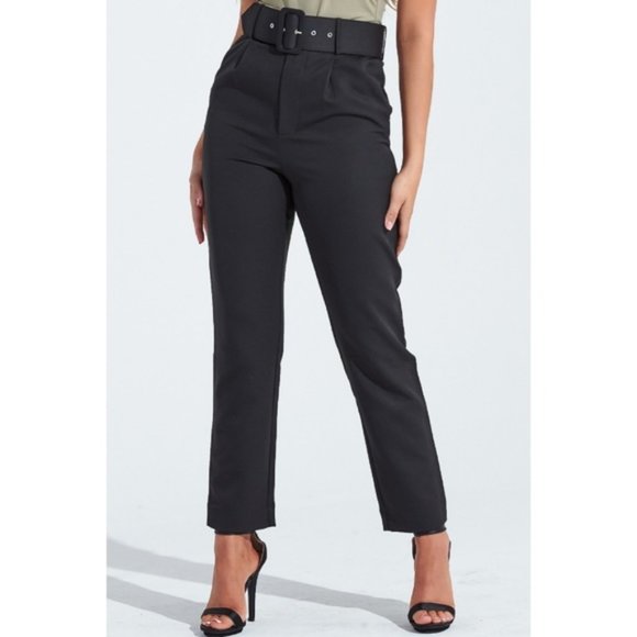Blue Blush Pants - Black High Waist Belted Straight Leg Ankle Pants